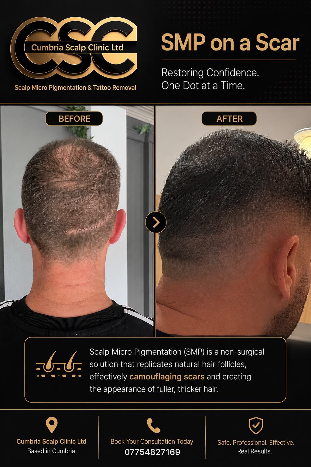 Before and after SMP scar camouflage on a hair transplant scar at the back of the head, treated in Cumbria