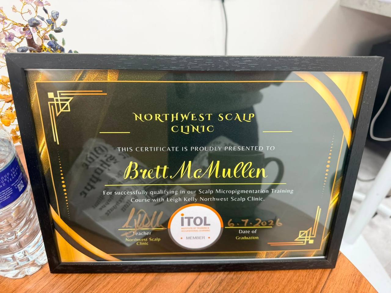 Brett McMullen's scalp micropigmentation training certificate from Northwest Scalp Clinic